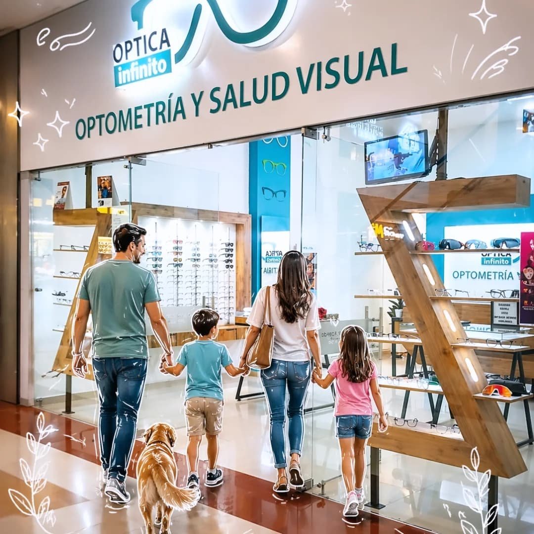 Fachada de Óptica Infinito en centro comercial, con familia visitando la tienda y exhibición de monturas.